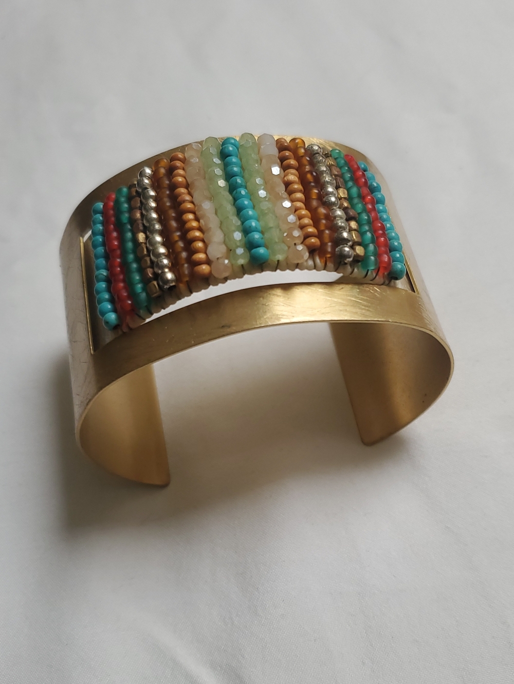 Gold-Tone Beaded Cuff Bracelet - Turquoise, Coral & Cream Accents
